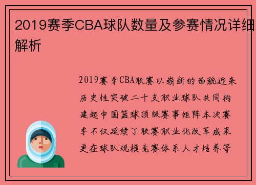 2019赛季CBA球队数量及参赛情况详细解析