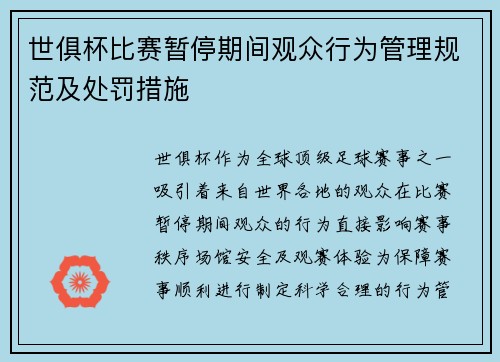 世俱杯比赛暂停期间观众行为管理规范及处罚措施