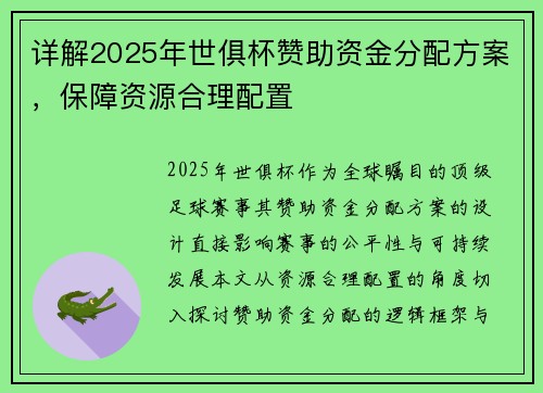 详解2025年世俱杯赞助资金分配方案，保障资源合理配置