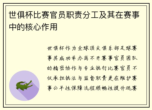世俱杯比赛官员职责分工及其在赛事中的核心作用