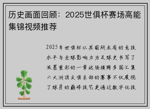 历史画面回顾：2025世俱杯赛场高能集锦视频推荐