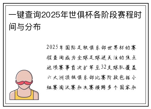 一键查询2025年世俱杯各阶段赛程时间与分布